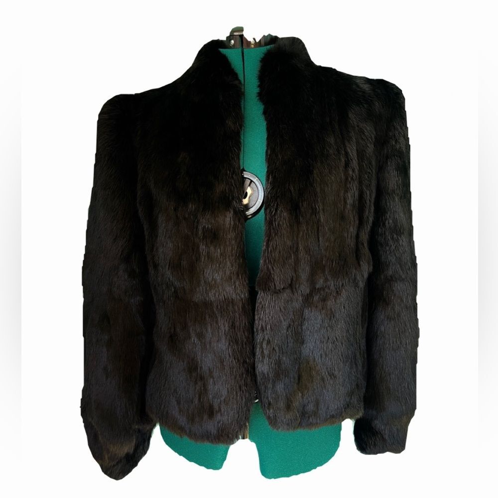 Vintage Fur Original 100% Black Rabbit Fur Coat W/ Padded Shoulders Sz M